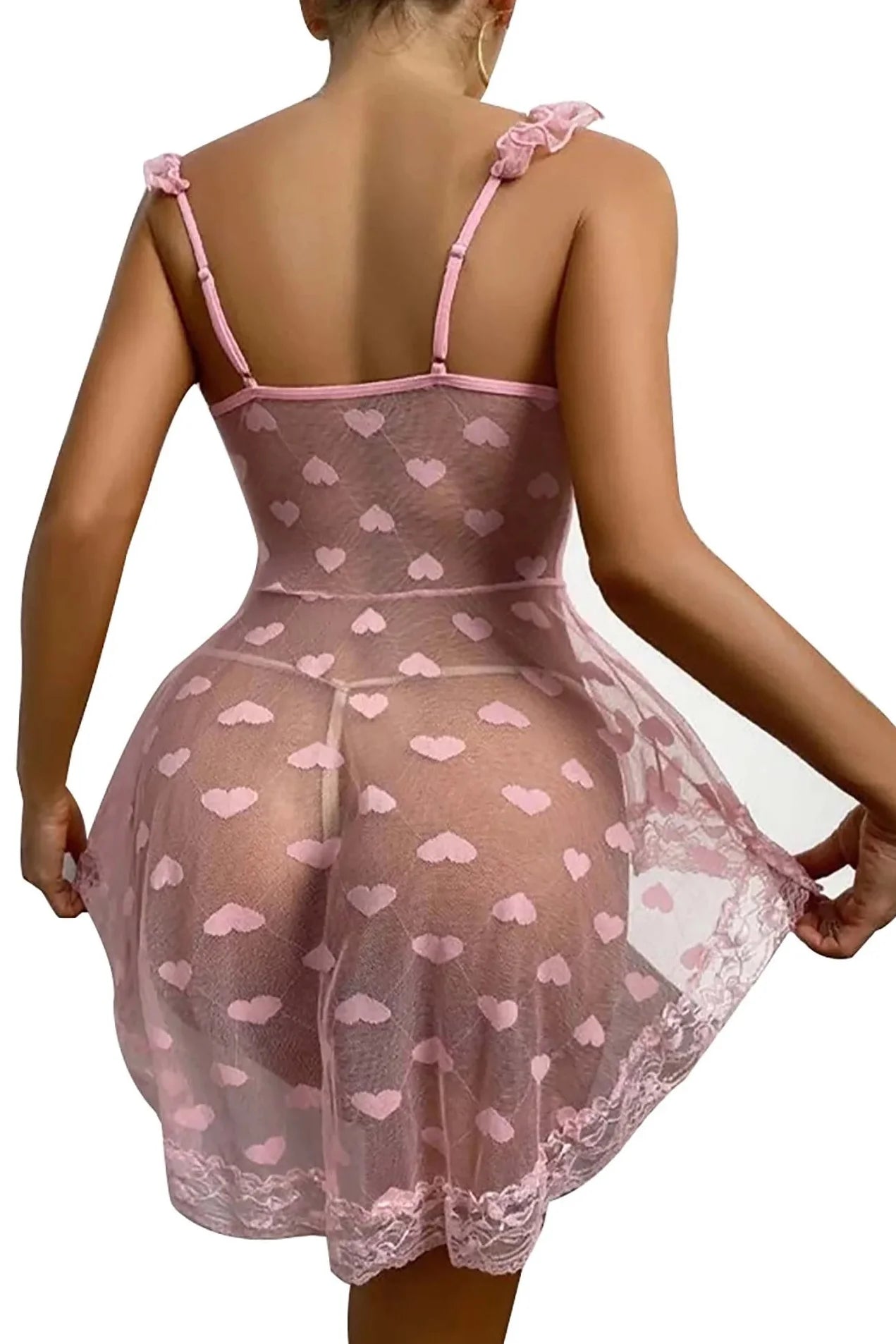 Pink Heart Mesh Babydoll Set - Babydoll Dames Mesh – Roze Lingerieset Met Ruches