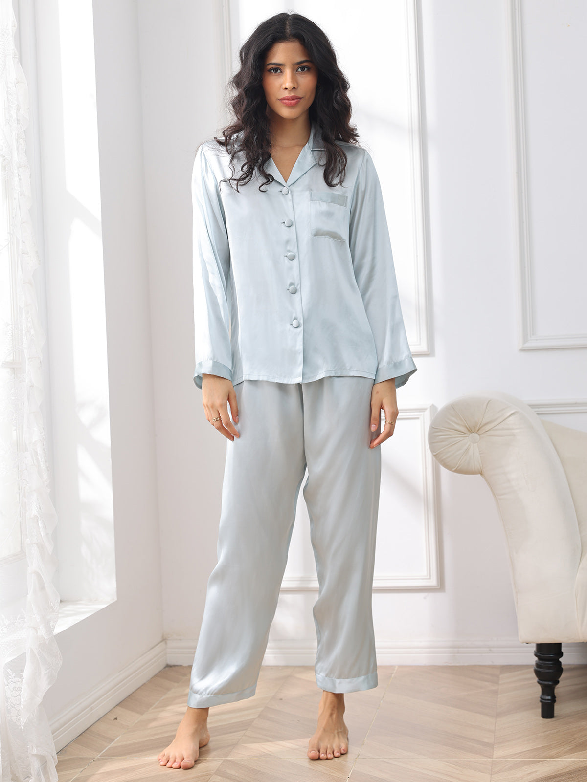 Luxe Satijnen Pyjamaset Knoopsluiting