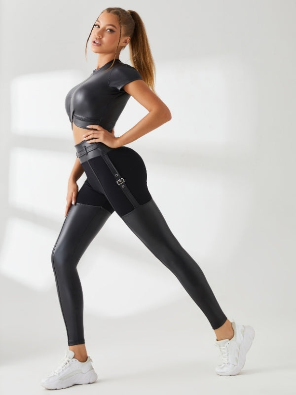 Sportlegging Dames Leather Look Twist Detail Metalen Knopen Zwart