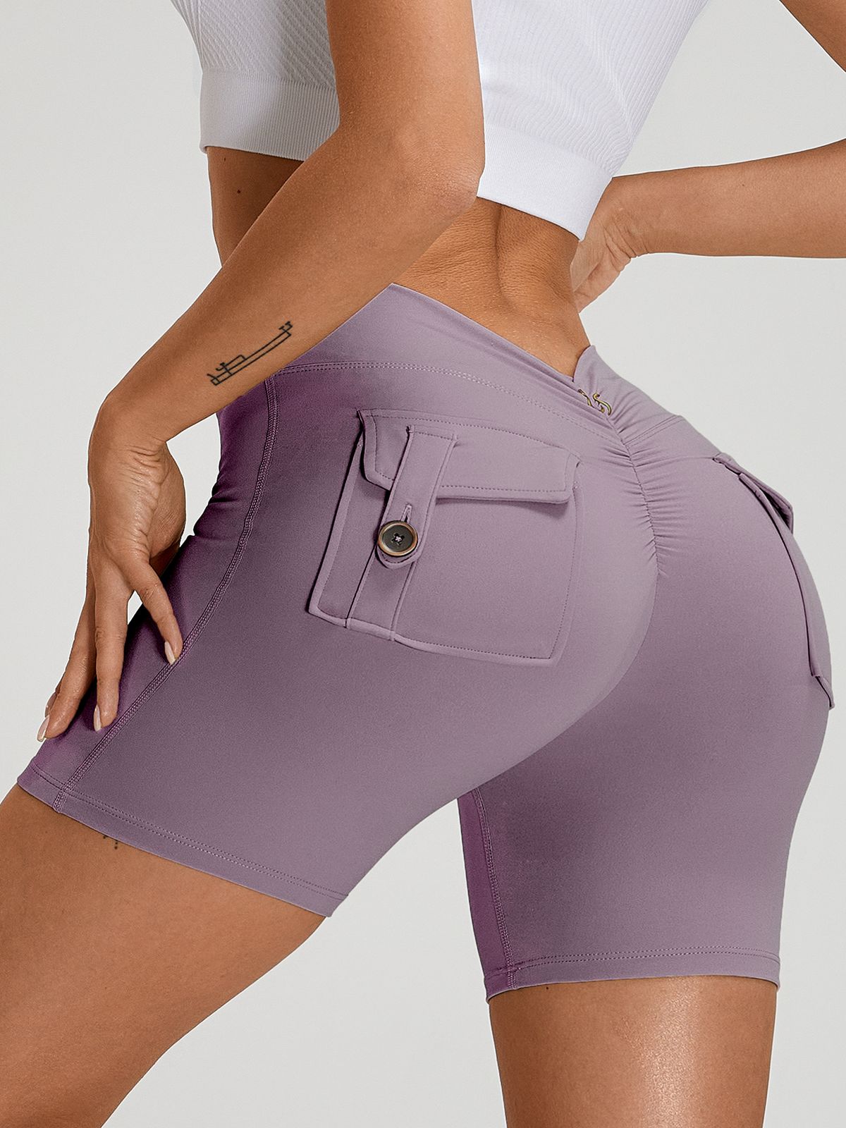 Sportshort Dames Scrunch Bum Diepe V-Rug met Zak