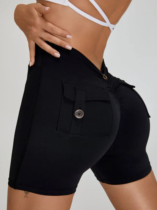Sportshort Dames Scrunch Bum Diepe V-Rug met Zak