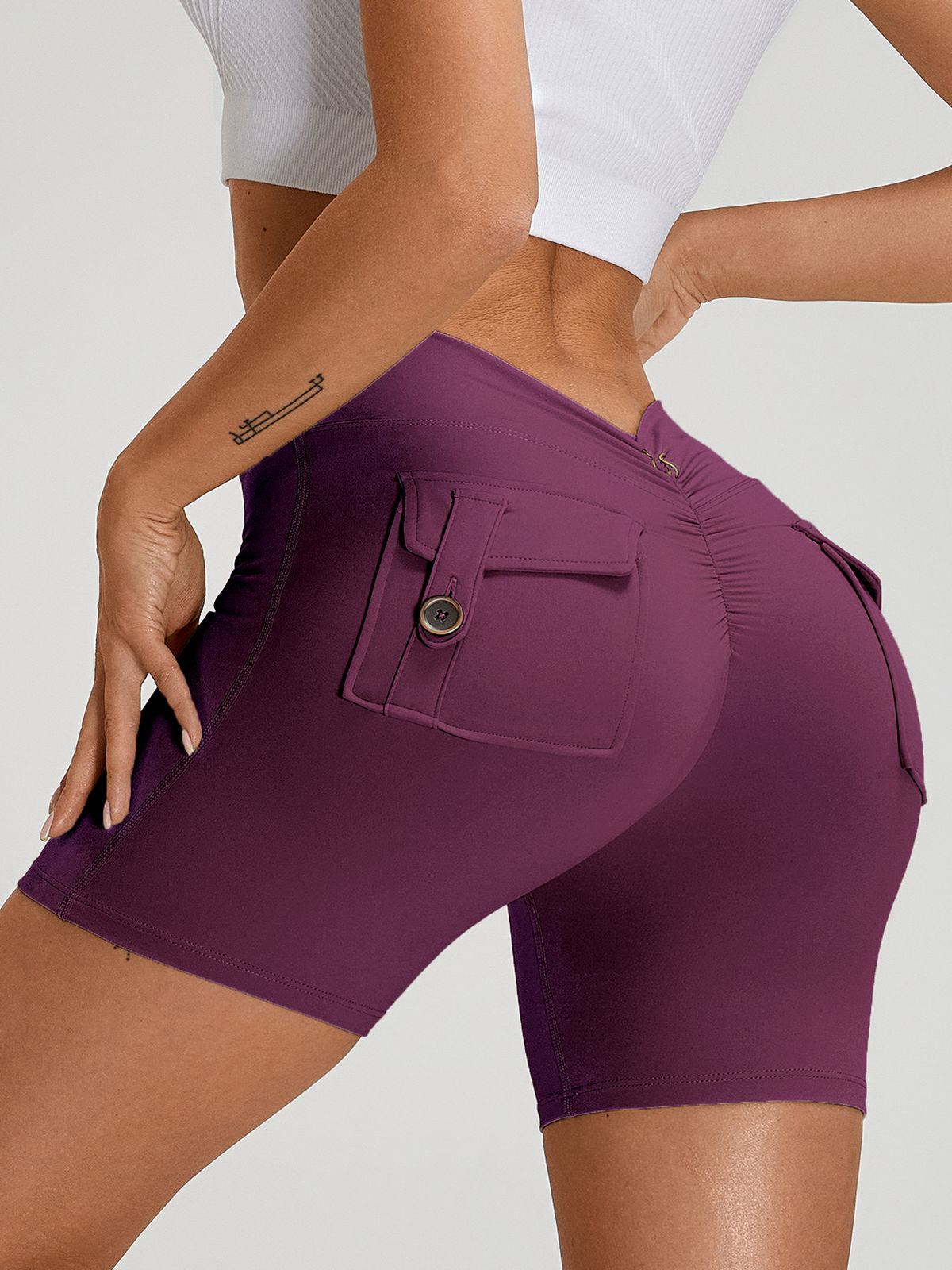 Sportshort Dames Scrunch Bum Diepe V-Rug met Zak