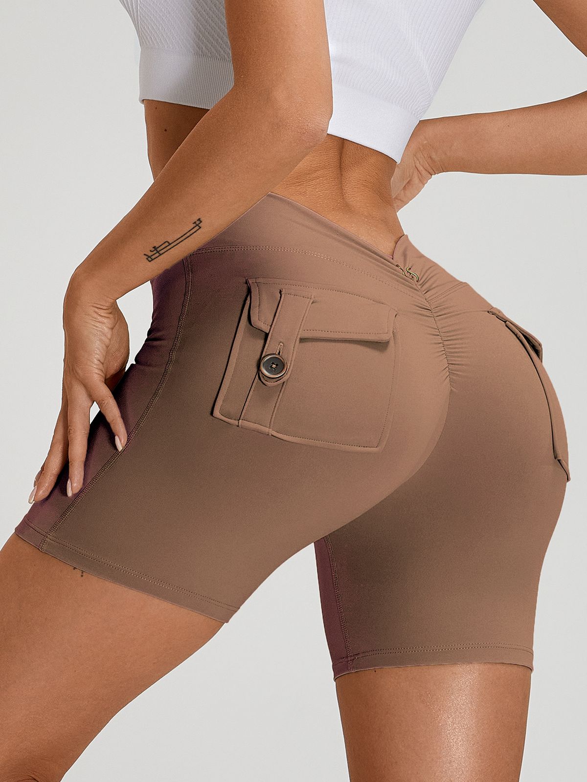 Sportshort Dames Scrunch Bum Diepe V-Rug met Zak