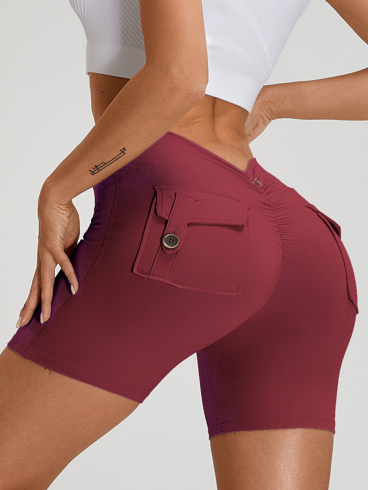 Sportshort Dames Scrunch Bum Diepe V-Rug met Zak