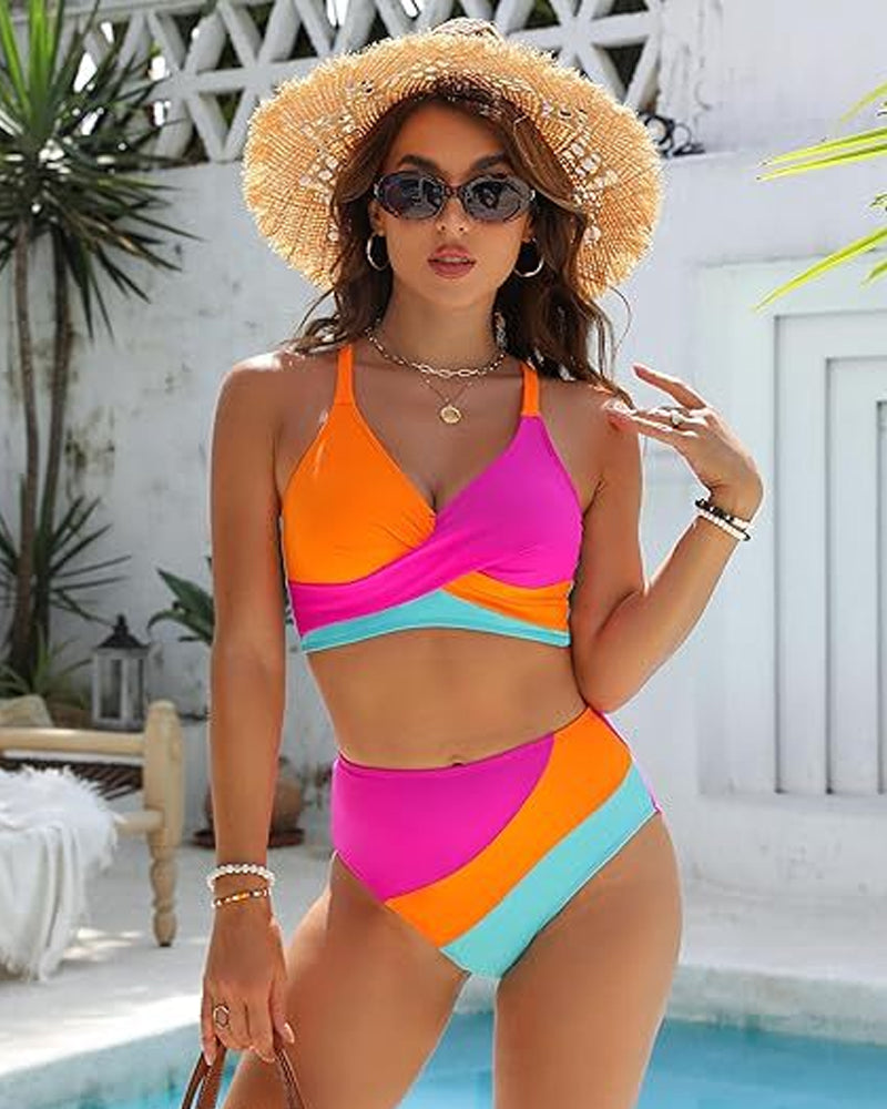 Vespa Bikini Dames – Color-Block Set met Crisscross Detail