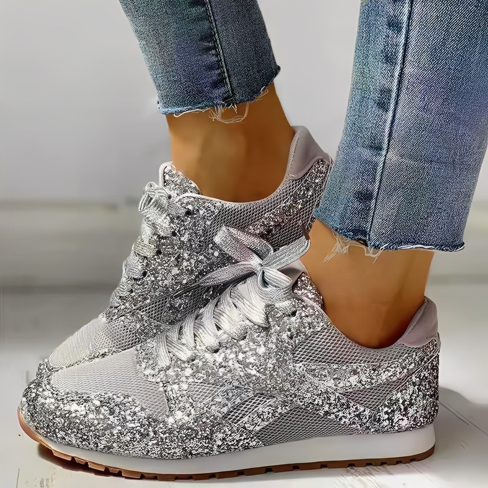 Feestelijke Comfort Sneakers Dames met Glitterdetail en Veters