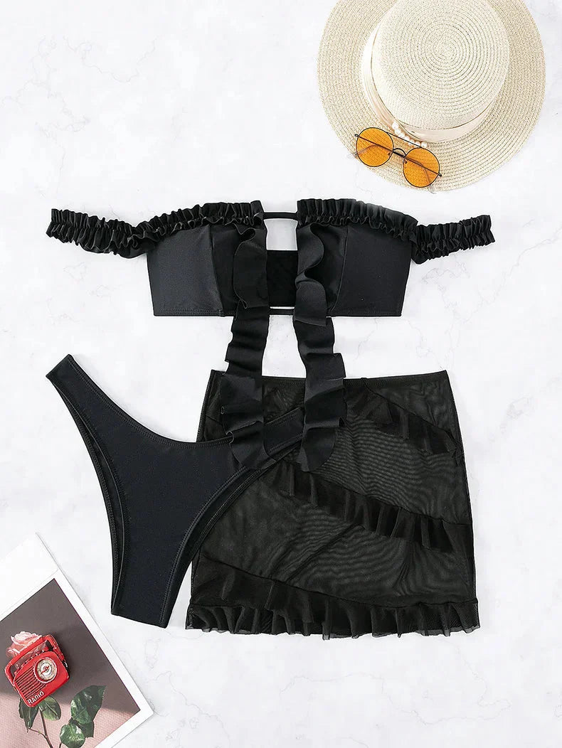 DIABOLIQUE Bikini Set Dames – Zwarte Set met Elegante Ruches