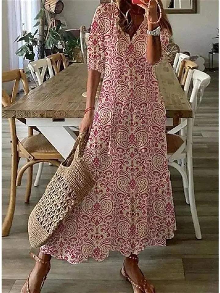 Boho Zomerjurk Dames Maxi met V-hals en Grafische Print