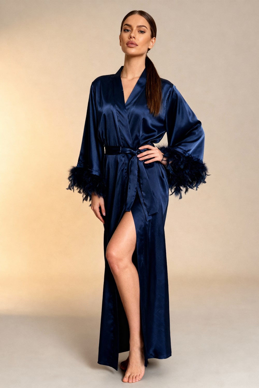 Satijnen Kimono Ochtendjas Nachtblauw