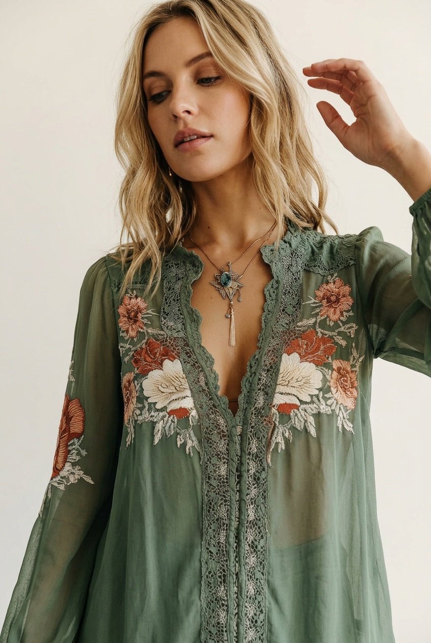 Chiffon Blouse Dames – Olijfgroen | V-hals Boho