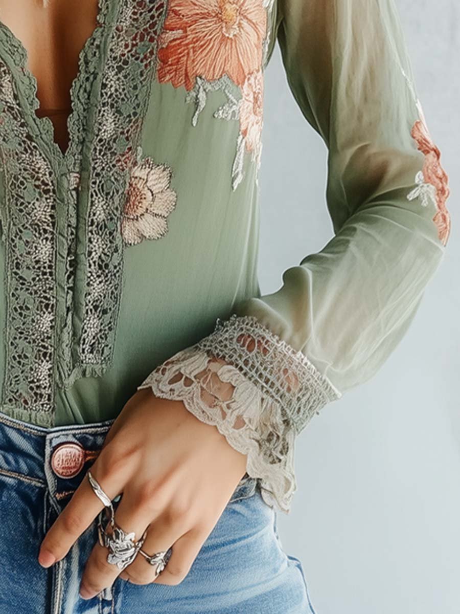 Chiffon Blouse Dames – Olijfgroen | V-hals Boho