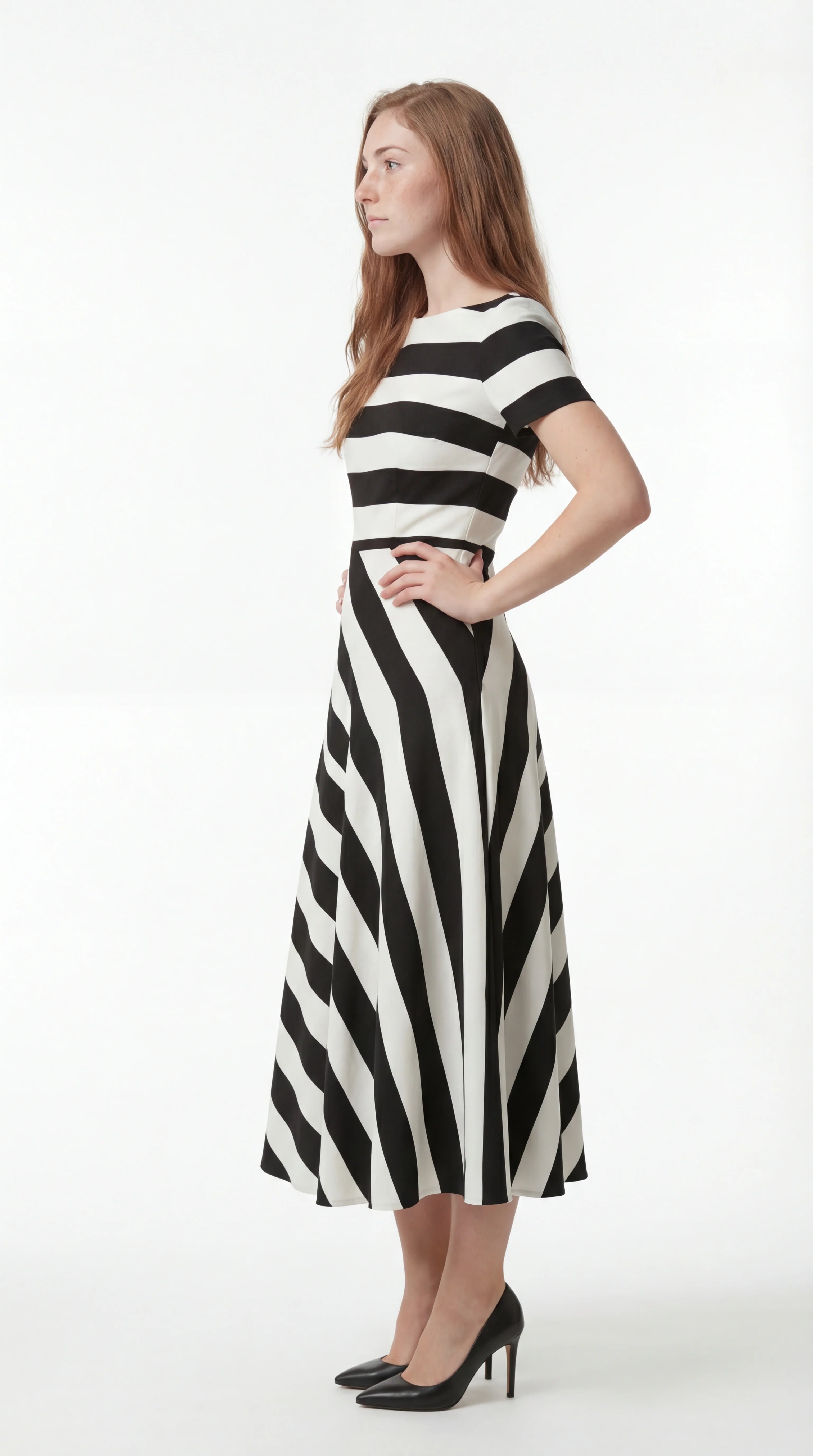Midi Jurk Korte Mouw met Strepen Design