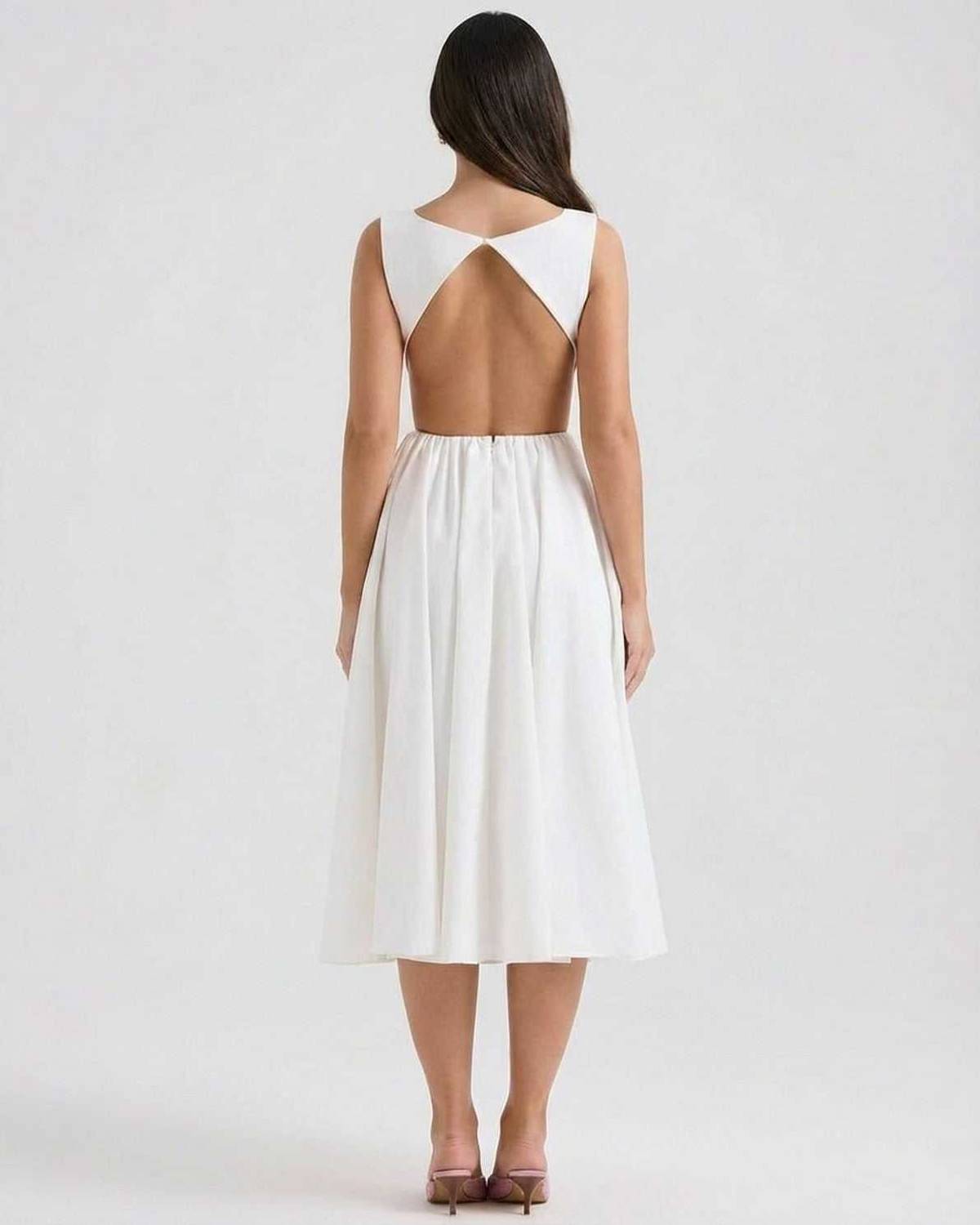 Dames Midi Jurk | Open Rug | Mouwloos Met A-Lijn Rok