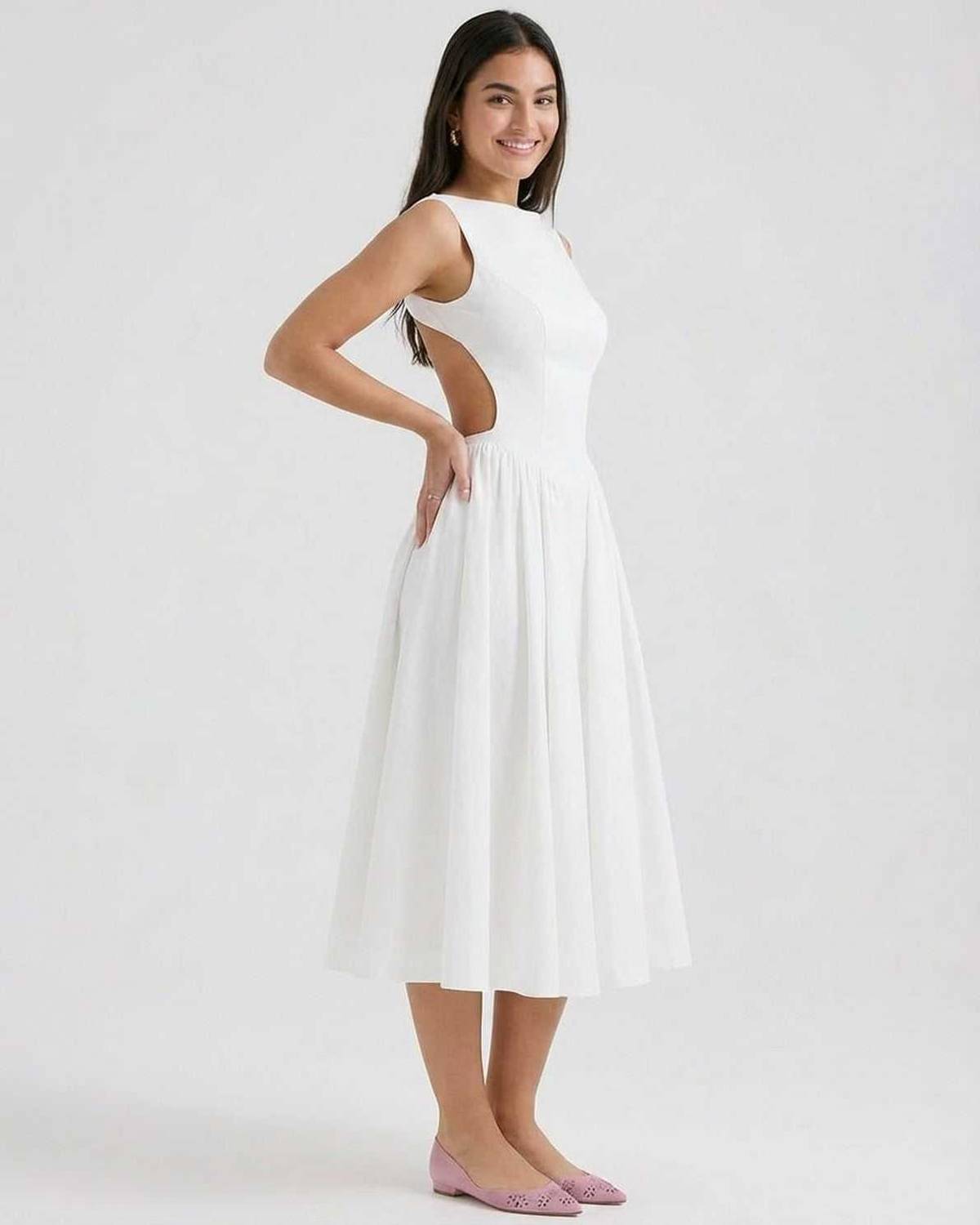 Dames Midi Jurk | Open Rug | Mouwloos Met A-Lijn Rok