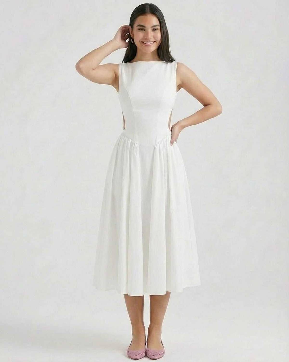 Dames Midi Jurk | Open Rug | Mouwloos Met A-Lijn Rok