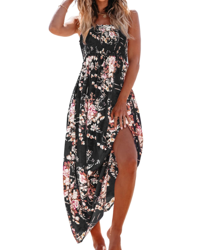 Boho Maxi Jurk Dames met Bandeau Hals en Hoge Split