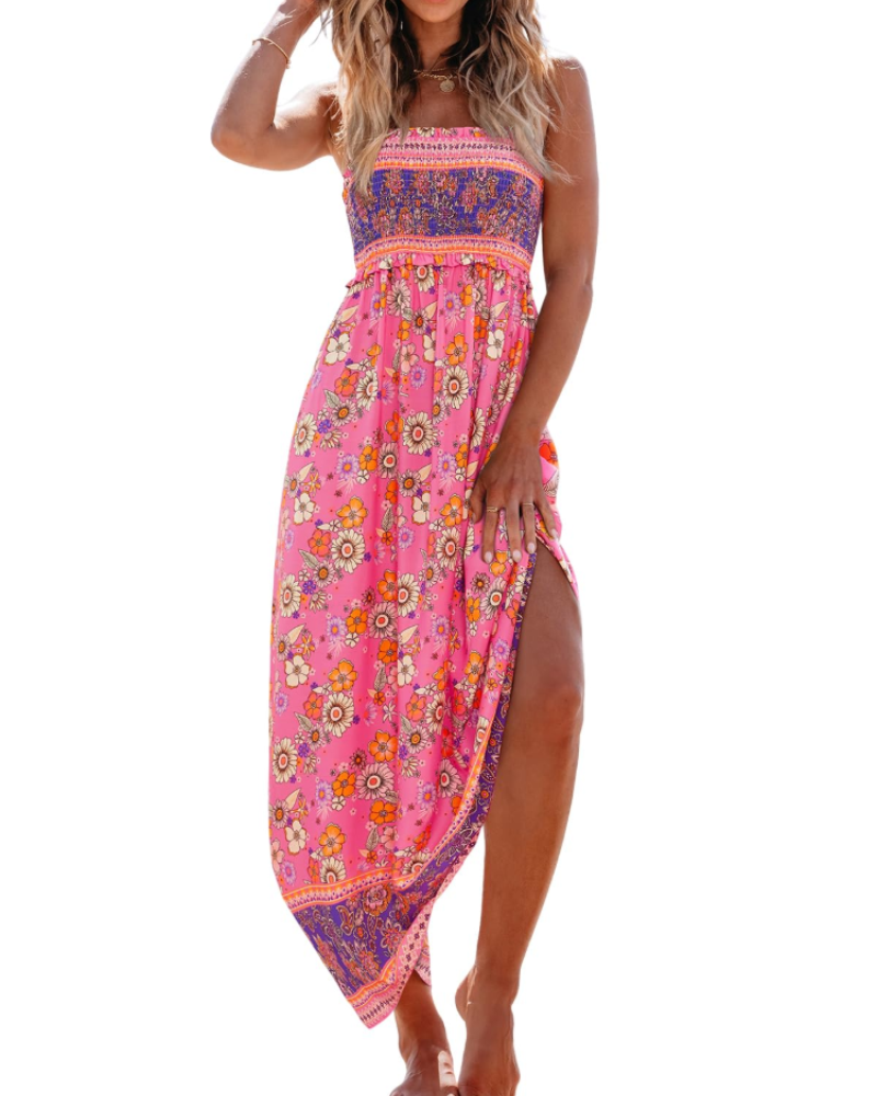 Boho Maxi Jurk Dames met Bandeau Hals en Hoge Split