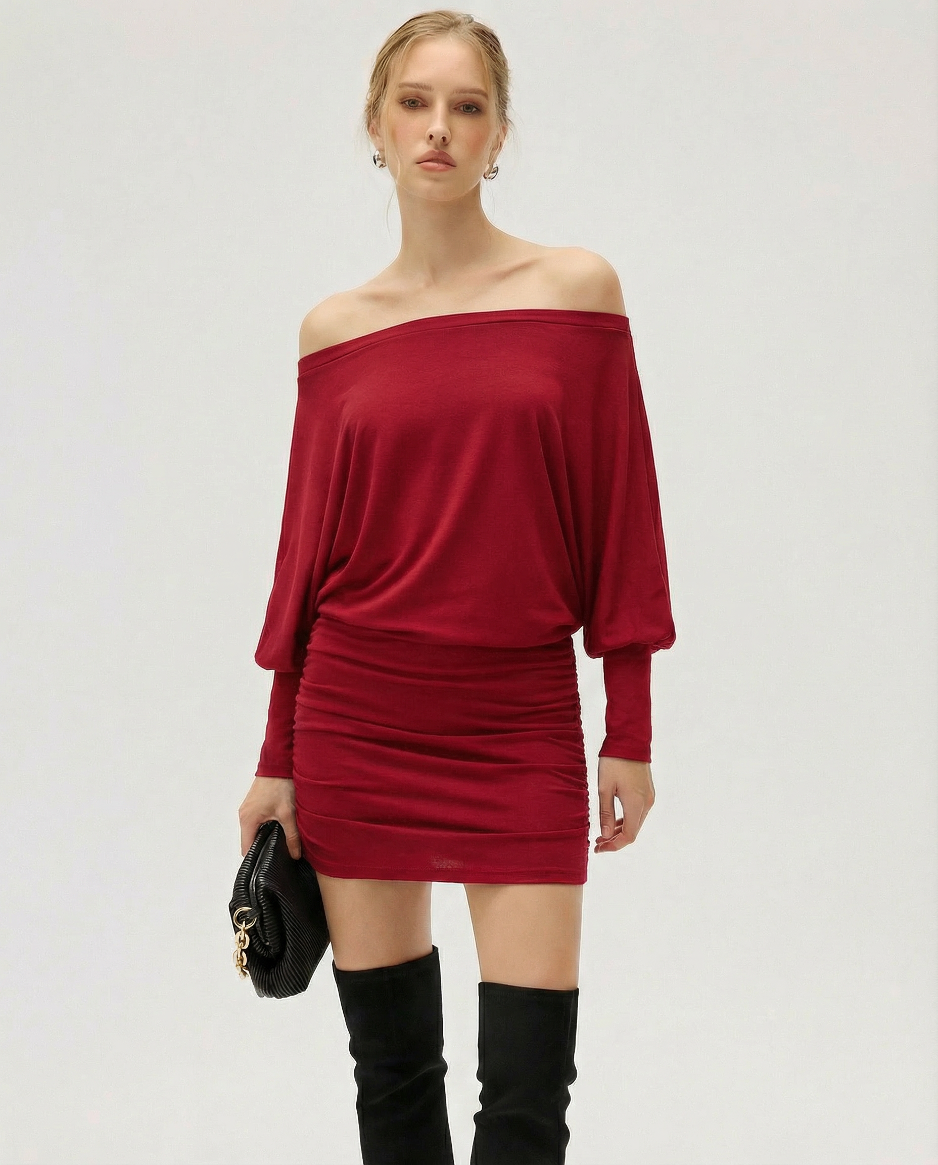 Off Shoulder Mini Jurk met Lange Mouwen