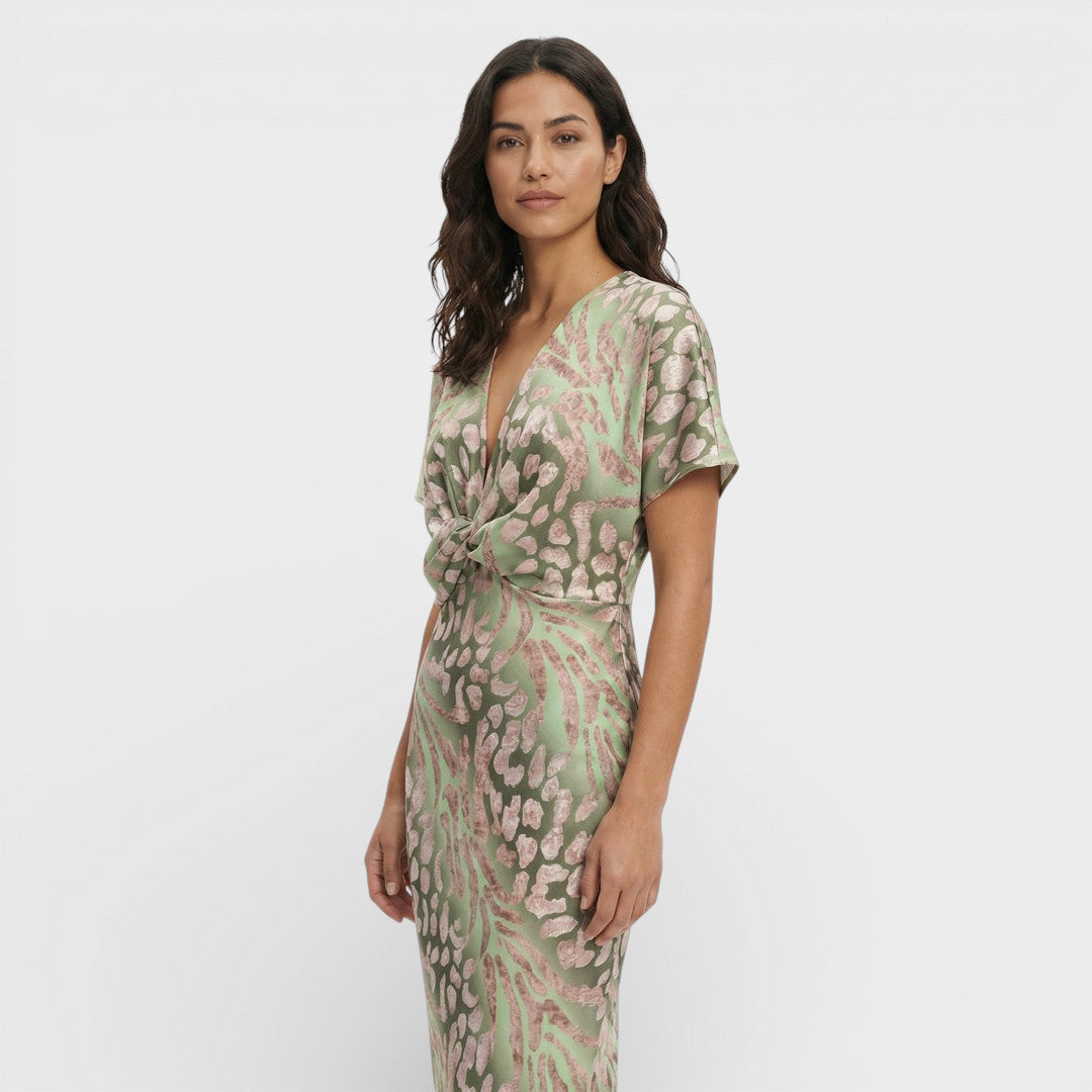 Dames Maxi Jurk | V-Hals | Gedraaide Taille Met Animal Print