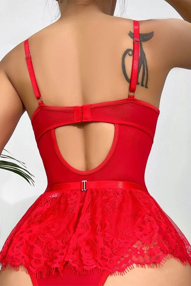 Lingerieset Dames Kant – Rood Met Bodysuit En Jarretelrok – Luxe Set met Comfort