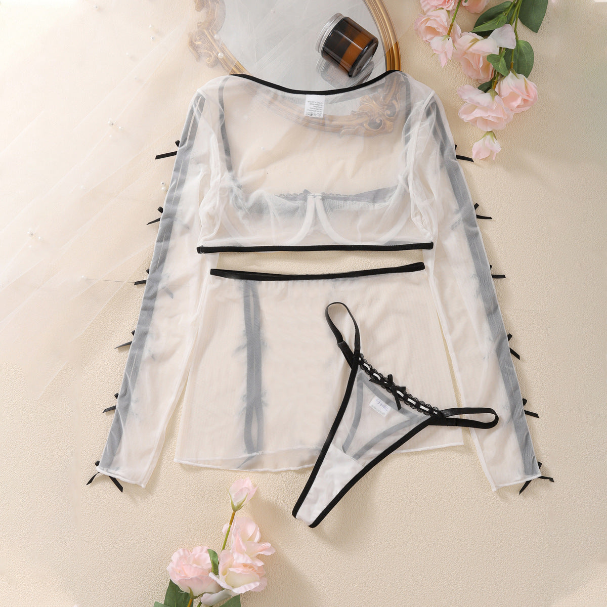 Lingerieset Dames Mesh – Wit Met Strikjes En Rok – Luxe Set met Comfort