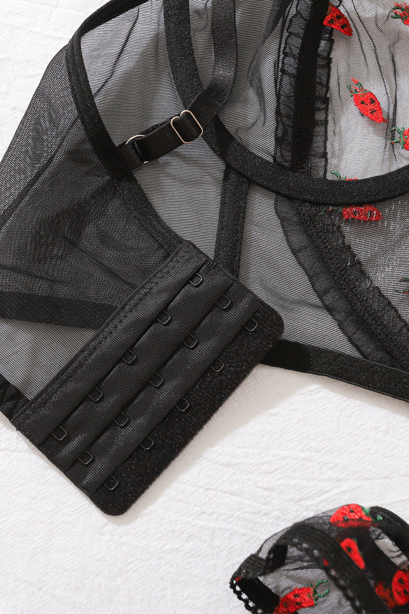 Korset Lingerieset Dames Aardbeimotief – Zwart – Verleidelijke Set met Soepele Pasvorm