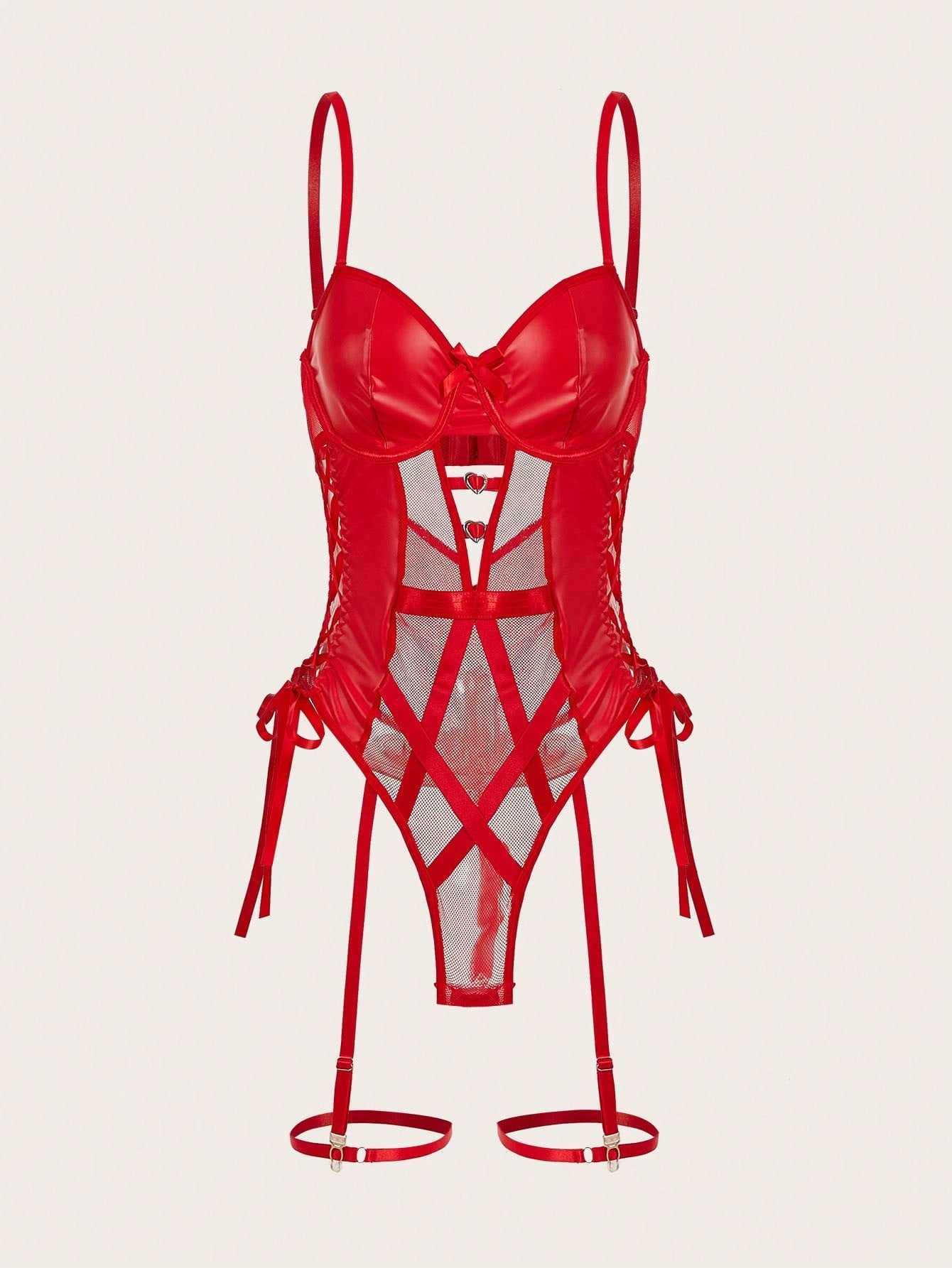 Red Faux Leather Mesh Bandage Hearts Thong Sexy Garter Lingerie Set