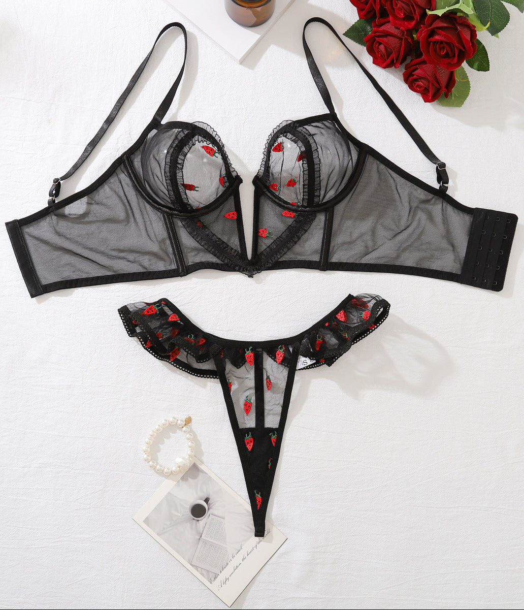 Korset Lingerieset Dames Aardbeimotief – Zwart – Verleidelijke Set met Soepele Pasvorm