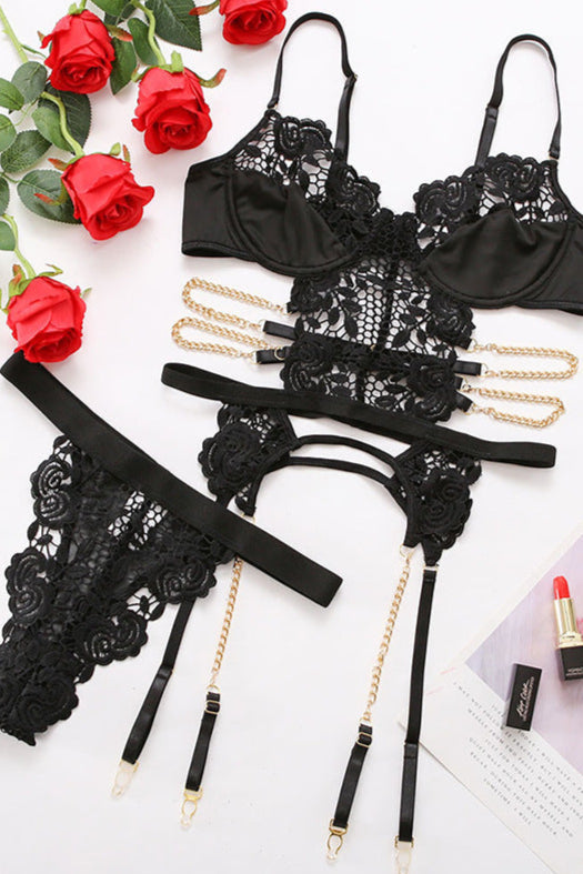 Black Crochet Chain Garter Set - Lingerieset Dames Gehaakte Bloemen – Zwart Met Ketting
