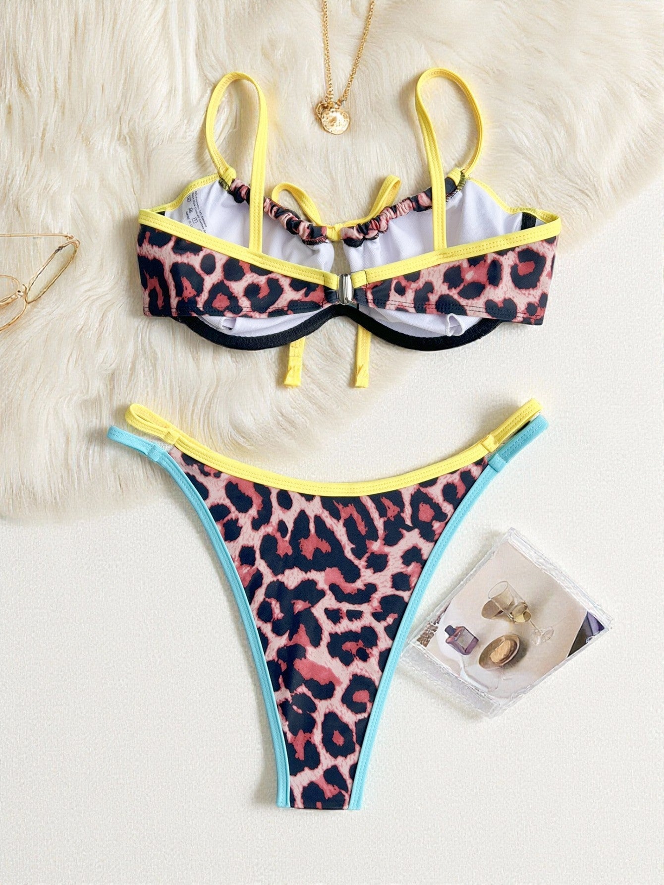 Blauw Geel Luipaardprint Bikini Dames – 2-Delige Set