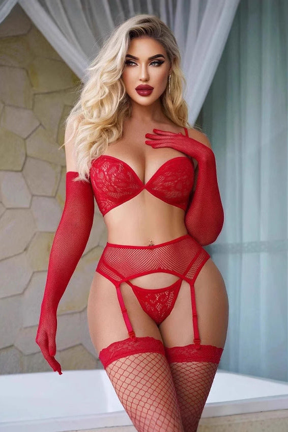 Red Mesh 5-Piece Lingerie Set - Lingerieset Dames Mesh – Rood Met Jarretels En Kousen – Luxe