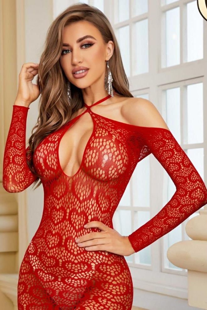 Red Net Halter Mini Dress - Mini-Jurk Dames Mesh – Rood Met Lange Mouwen – Elegante Look
