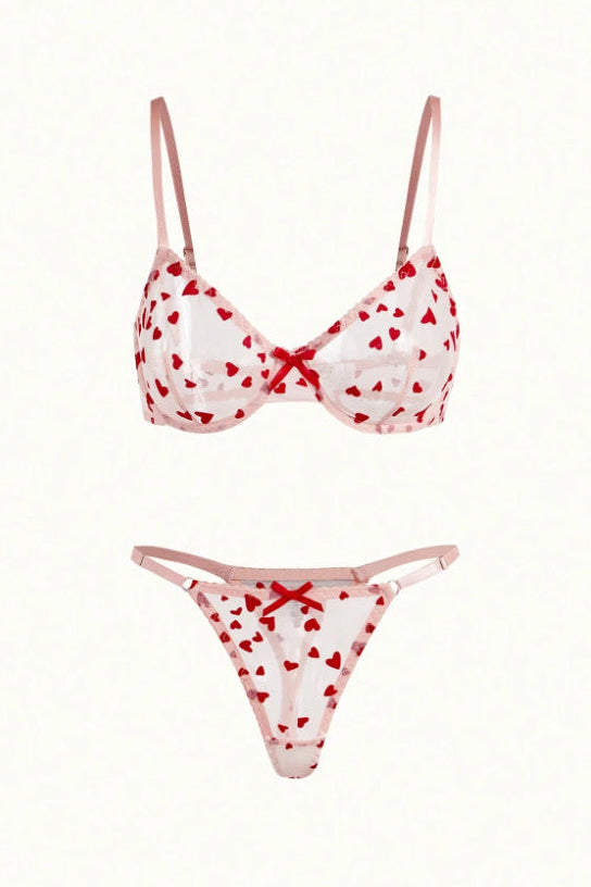 Pink Heart Mesh Lingerie Set - Lingerieset Dames Mesh – Roze Met Strik – Luxe Lingerie