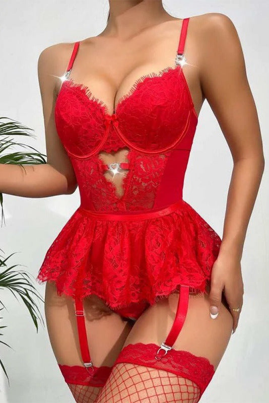 Lingerieset Dames Kant – Rood Met Bodysuit En Jarretelrok – Luxe Set met Comfort
