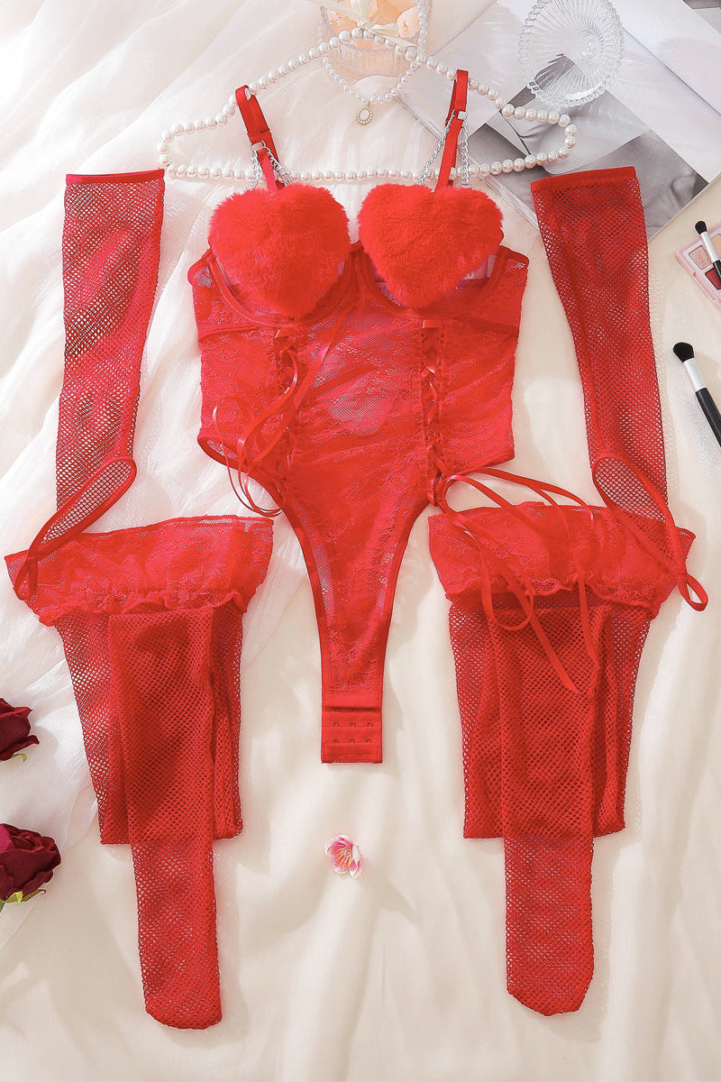 Red Lace Heart Bodysuit Set - Bodysuit Dames Kant – Rood Met Bont En Handschoenen – Vrouwelijk