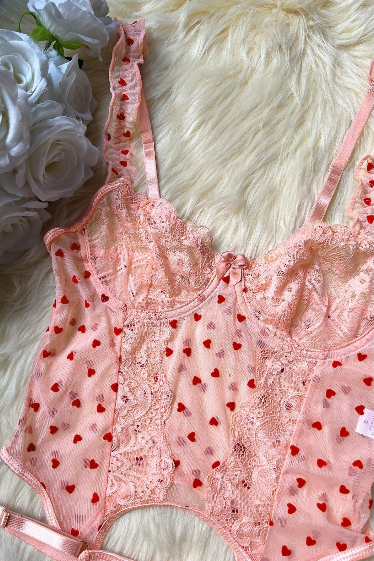 Peach Heart Ruffle Garter Set - Lingerieset Dames Ruches – Perzikroze Met Jarretels