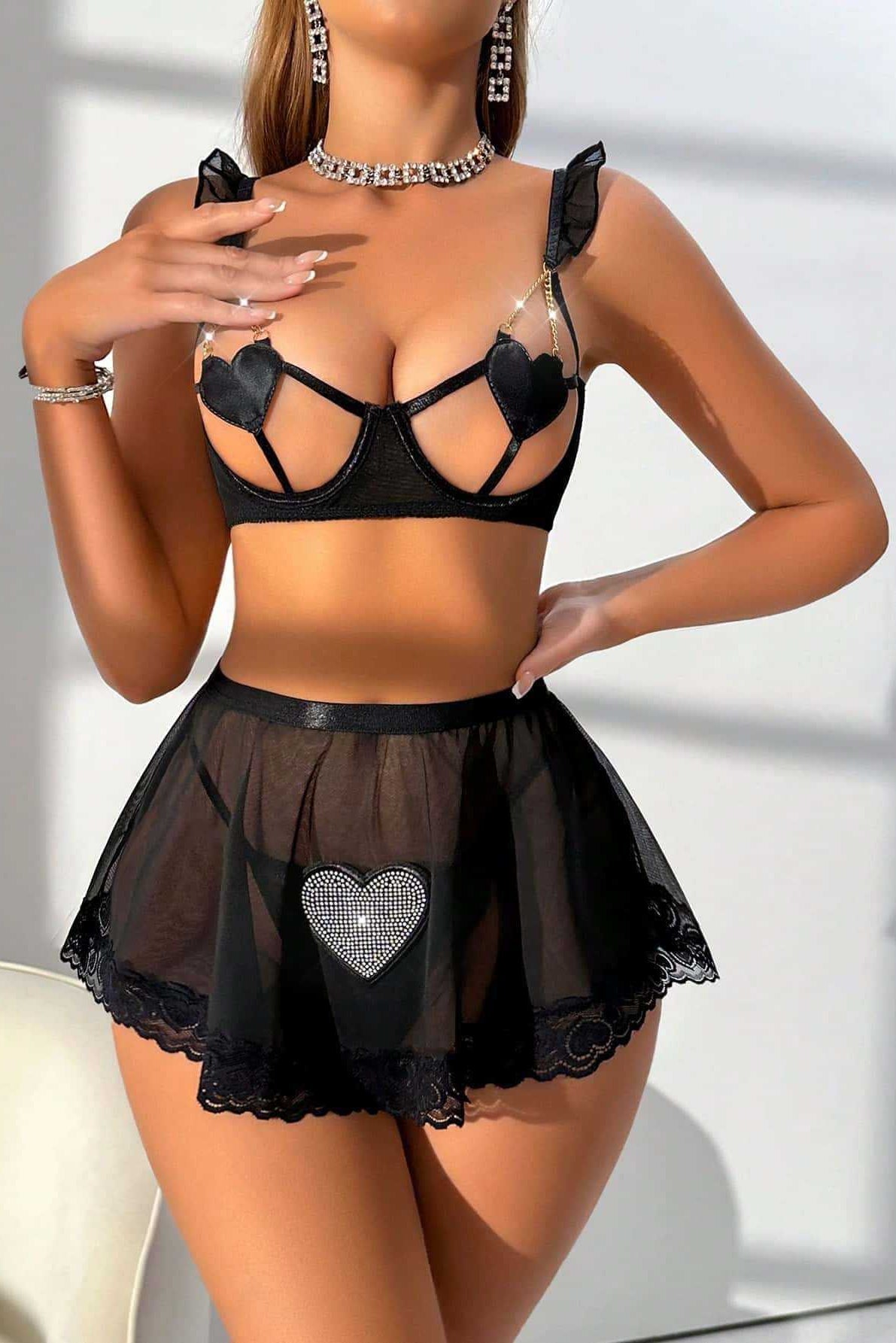 Zwarte Lingerieset met Glitter Hart Rokje - Lingerieset Dames – Zwart Met Rok En Sierstenen