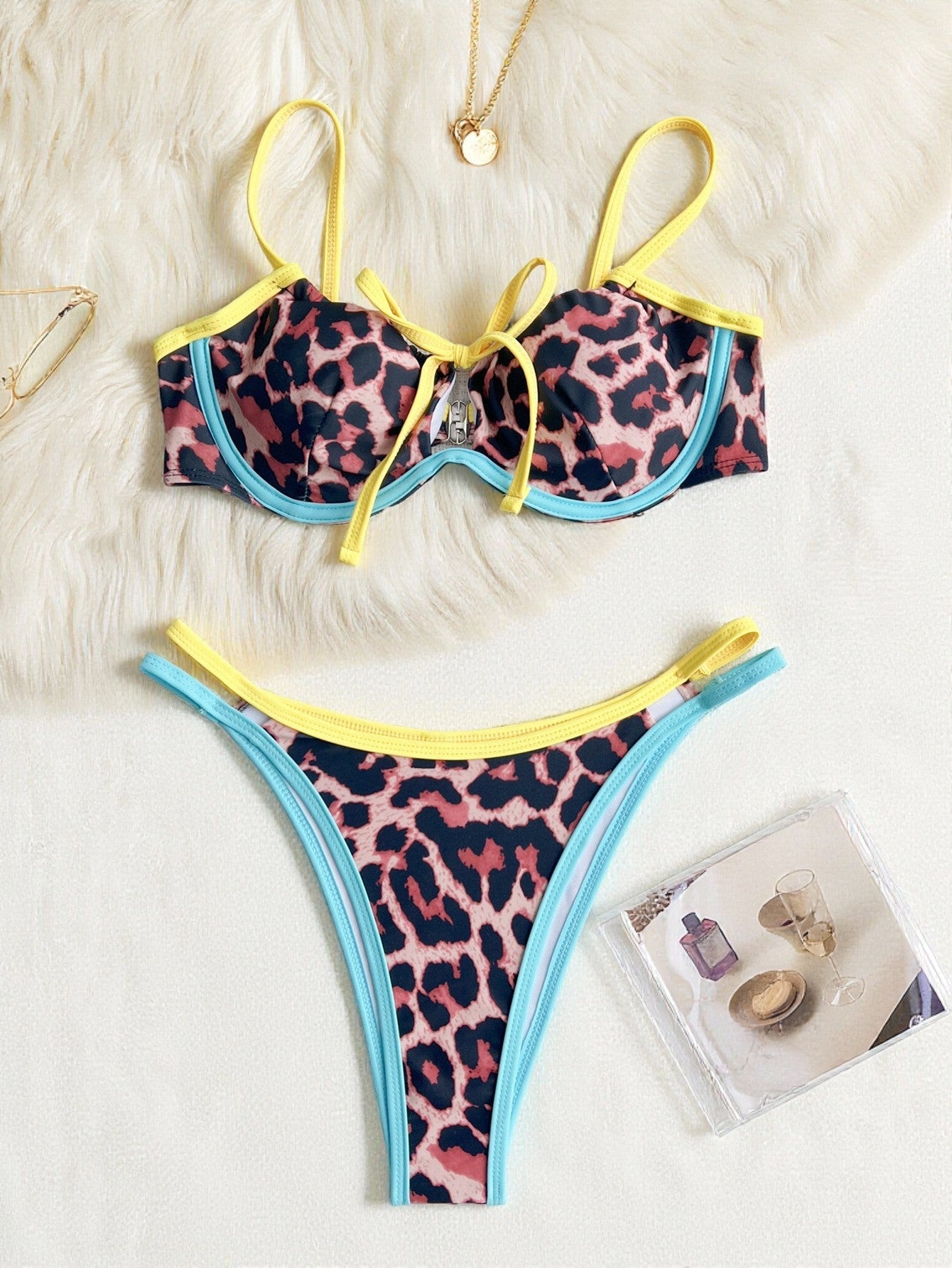 Blauw Geel Luipaardprint Bikini Dames – 2-Delige Set