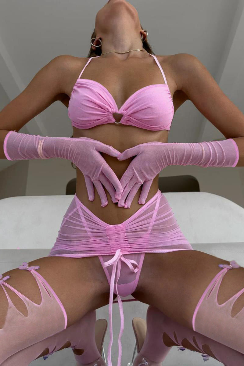 Lingerieset Dames Mesh – Roze Met Handschoenen En Kousen – Luxe Lingerie met Comfort
