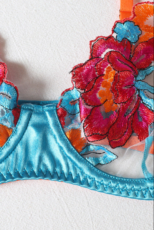 Lingerieset Dames Kant – Blauw Luxe 3-Delig Met Jarretels – Luxe Lingerie met Comfort