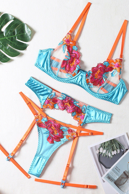 Lingerieset Dames Kant – Blauw Luxe 3-Delig Met Jarretels – Luxe Lingerie met Comfort