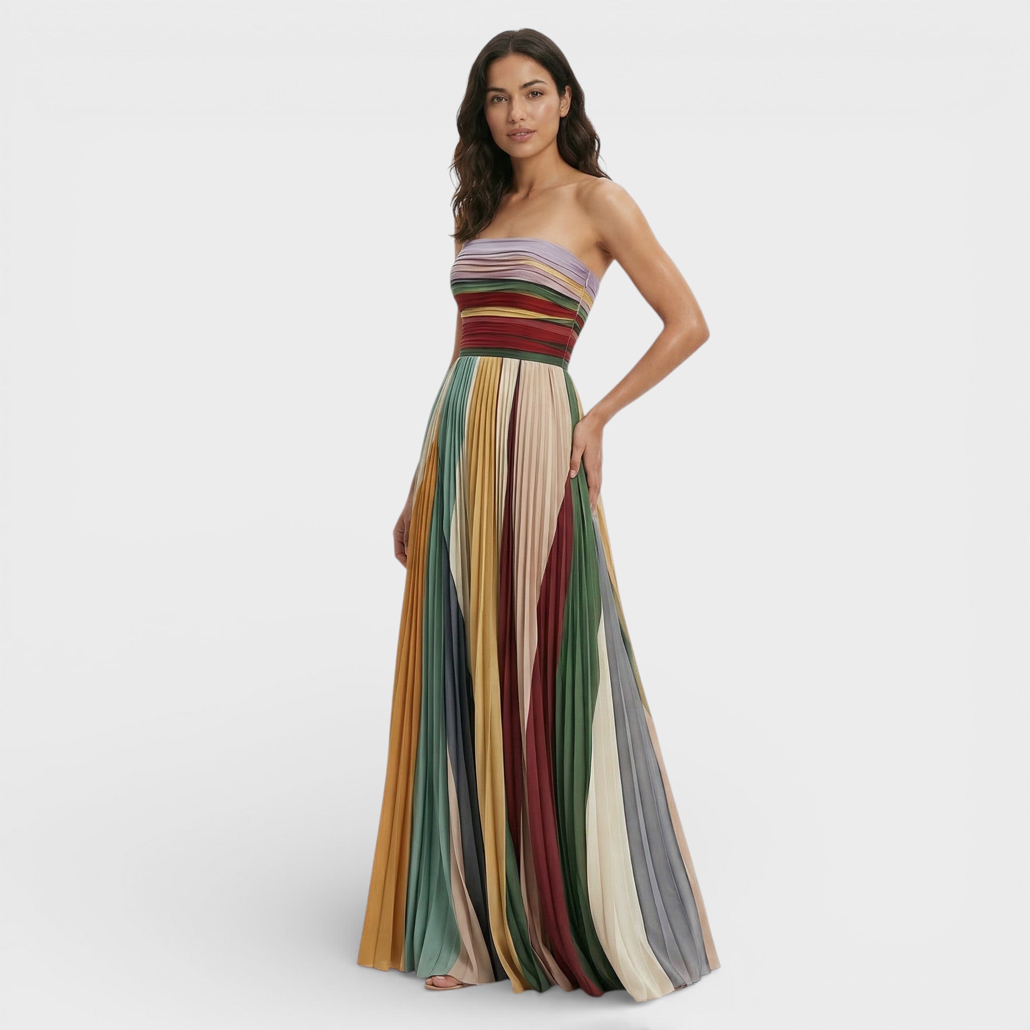 Dames Maxi Jurk | Strapless | Geplooid Met Multicolor Strepen