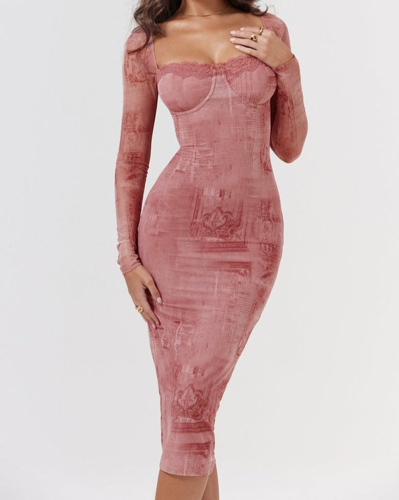 Dames Midi Jurk | Bodycon | Kant Bustier Met Vetersluiting Rug
