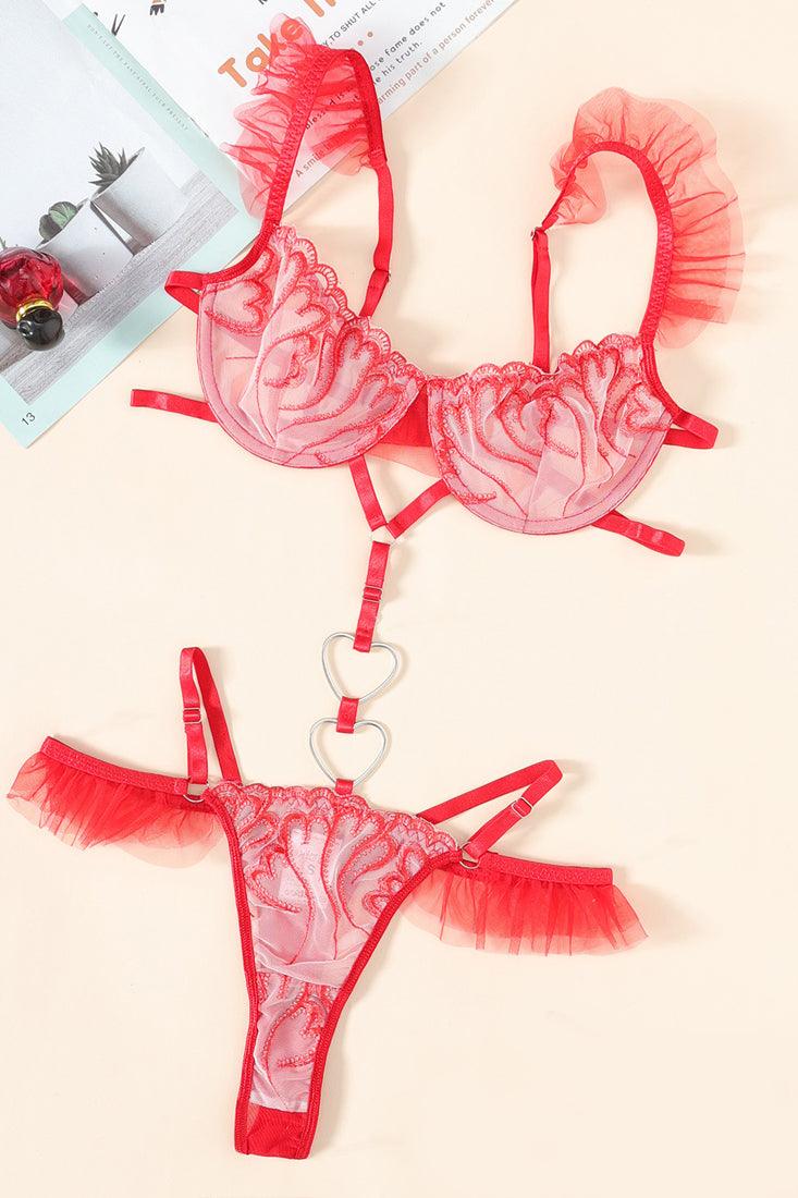 String Dames Kant – Rood Met Hartdetail – Verfijnd Comfort & Sensuele Look