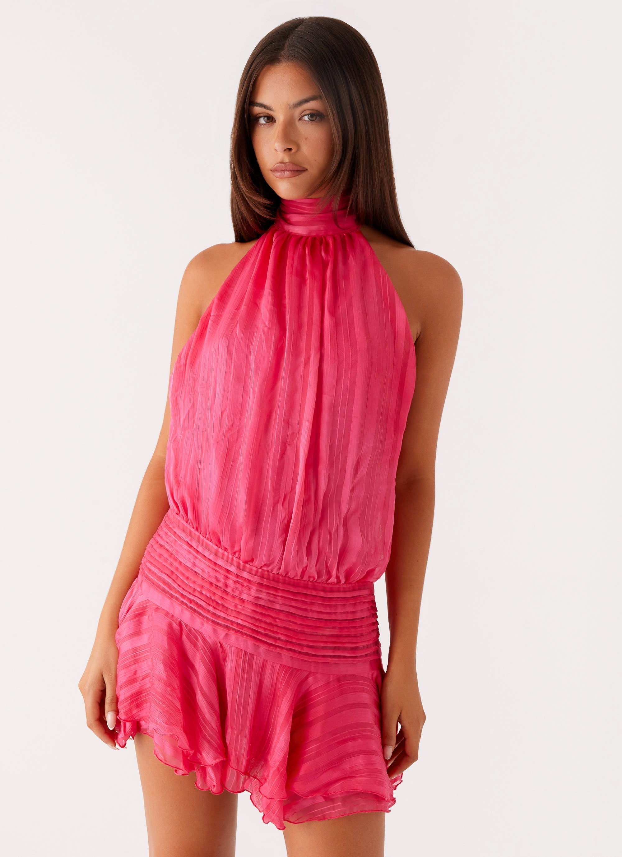 Mini Jurk Fuchsia – Halter Zomerjurk met Laagjes