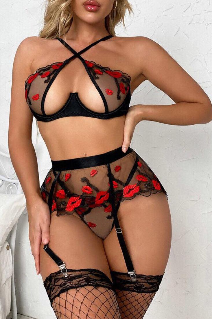 Lingerieset Dames Mesh – Zwart Rood 3-Delig – Elegante Set met Sensuele Look