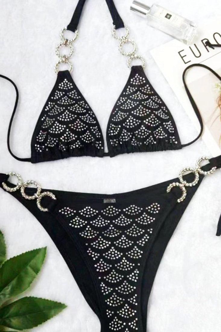 Zwarte Bikini Dames – Set met O-Ring en Glitter Detail