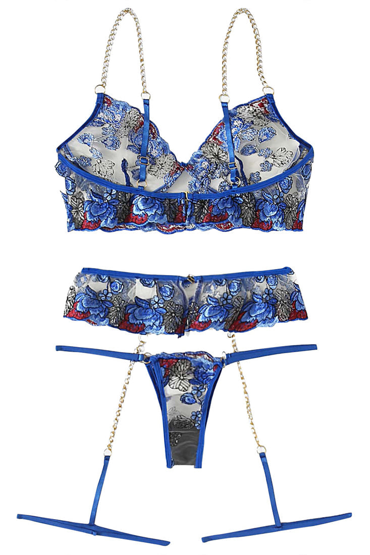 Lingerieset Dames Kant – Saffierblauw 3-Delig Met String – Verleidelijke Set met Soepele Pasvorm