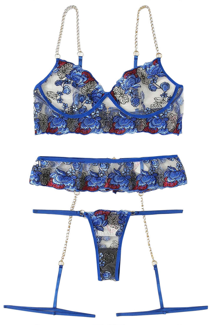 Lingerieset Dames Kant – Saffierblauw 3-Delig Met String – Verleidelijke Set met Soepele Pasvorm