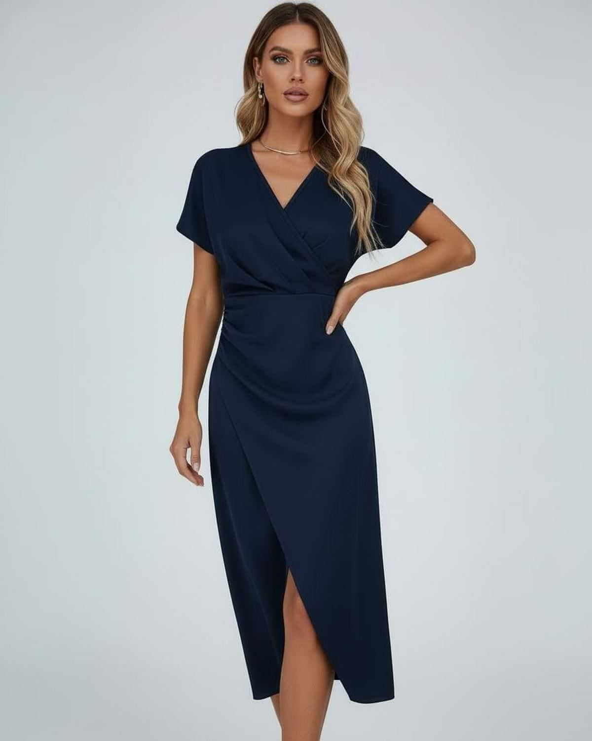 Dames Midi Jurk | Groen | Overslag V-Hals | Gedrapeerd Met Split